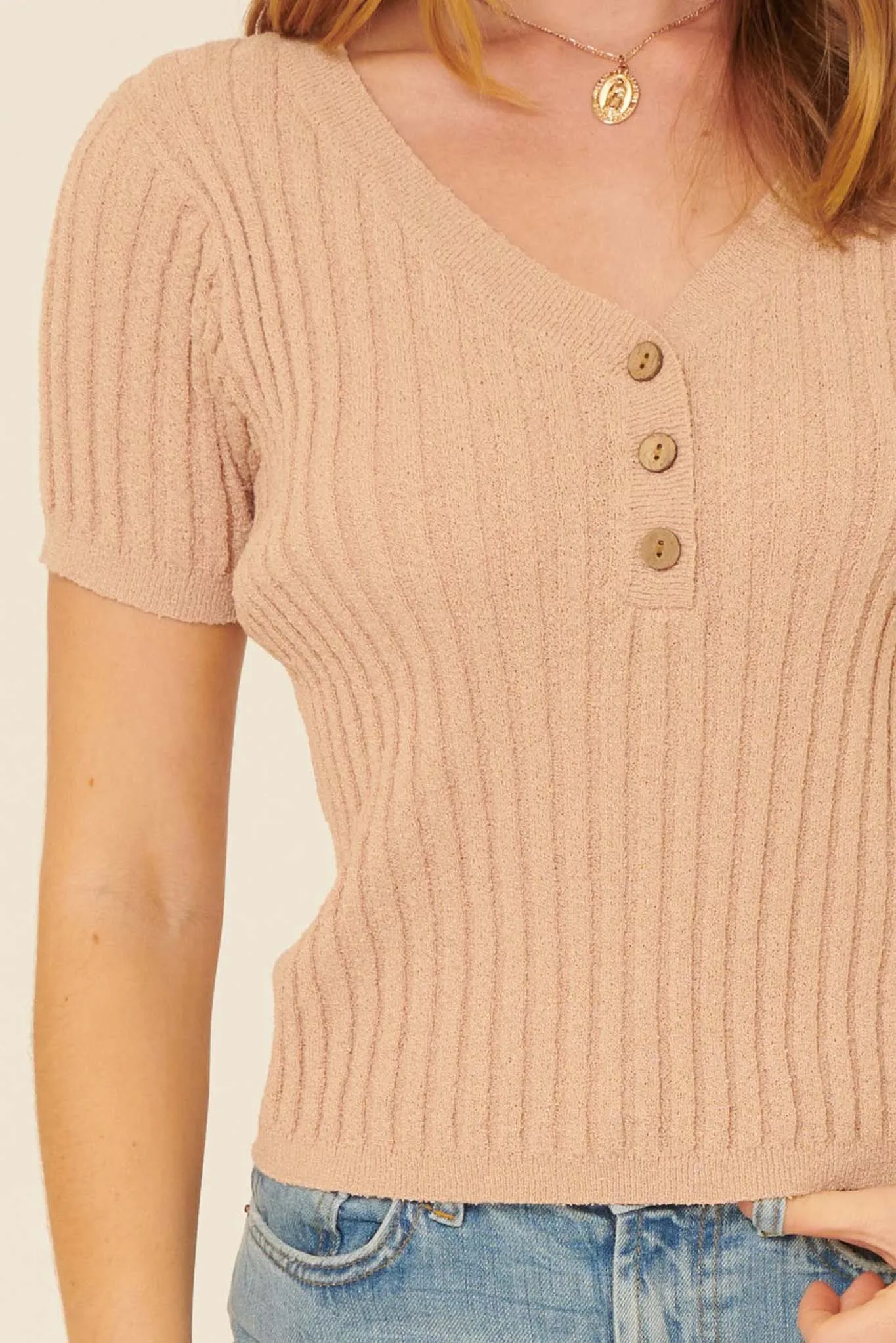 Better You Short-Sleeve Rib-Knit Henley Top