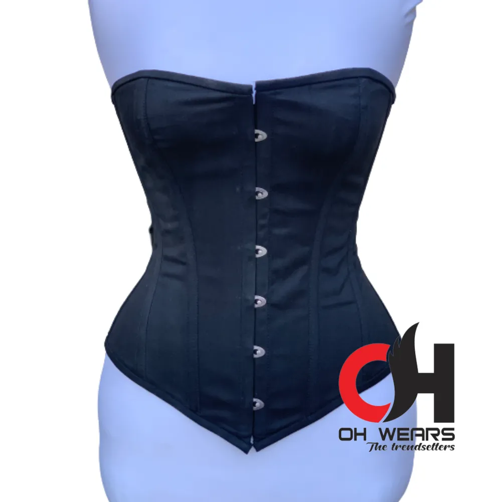 Black Cotton Overbust Black Corset Double Steel Boned