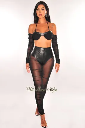 Black Faux Leather Underwire Ruched Mesh Pants Two Piece Set