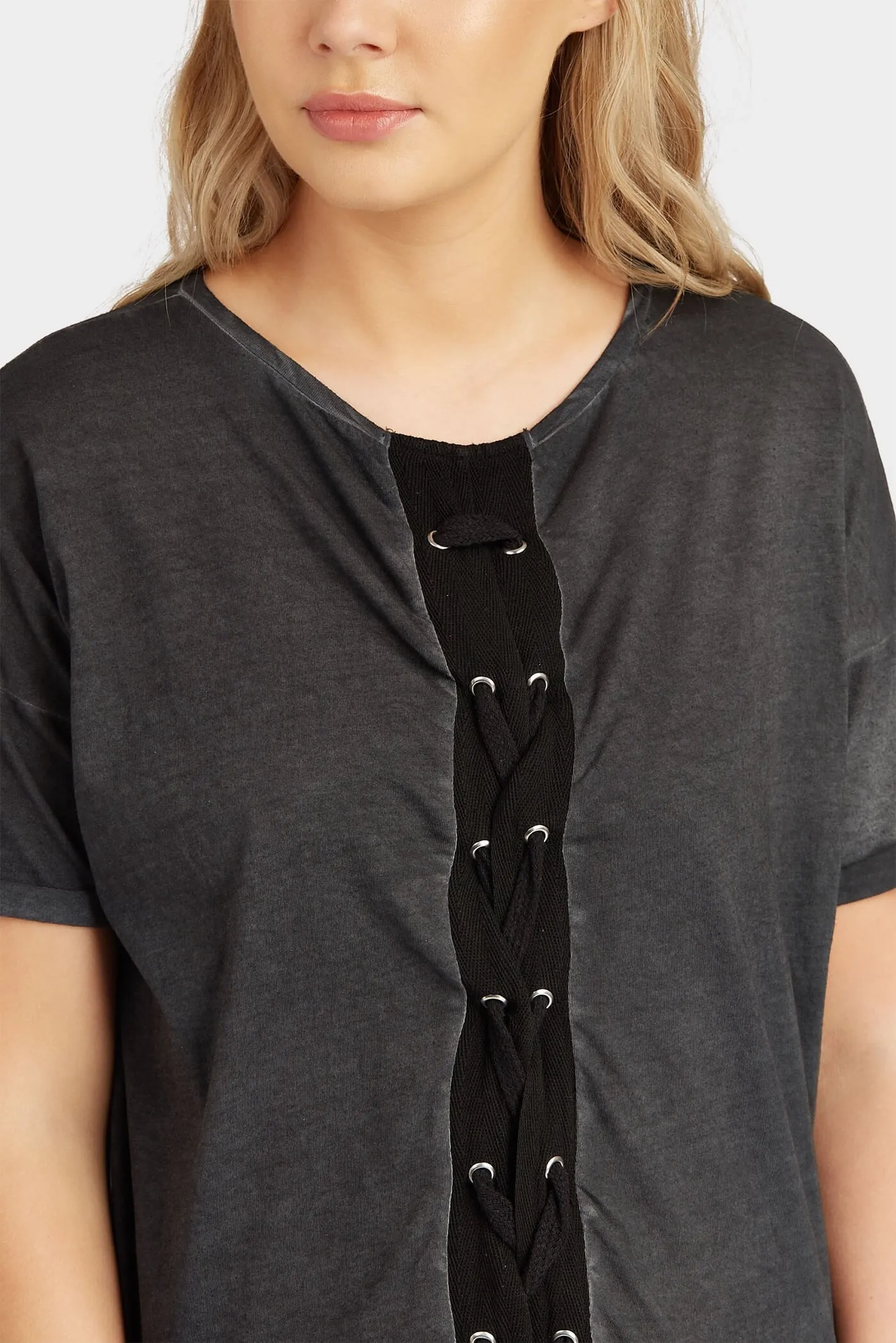 Black Lace Up Washed Tee