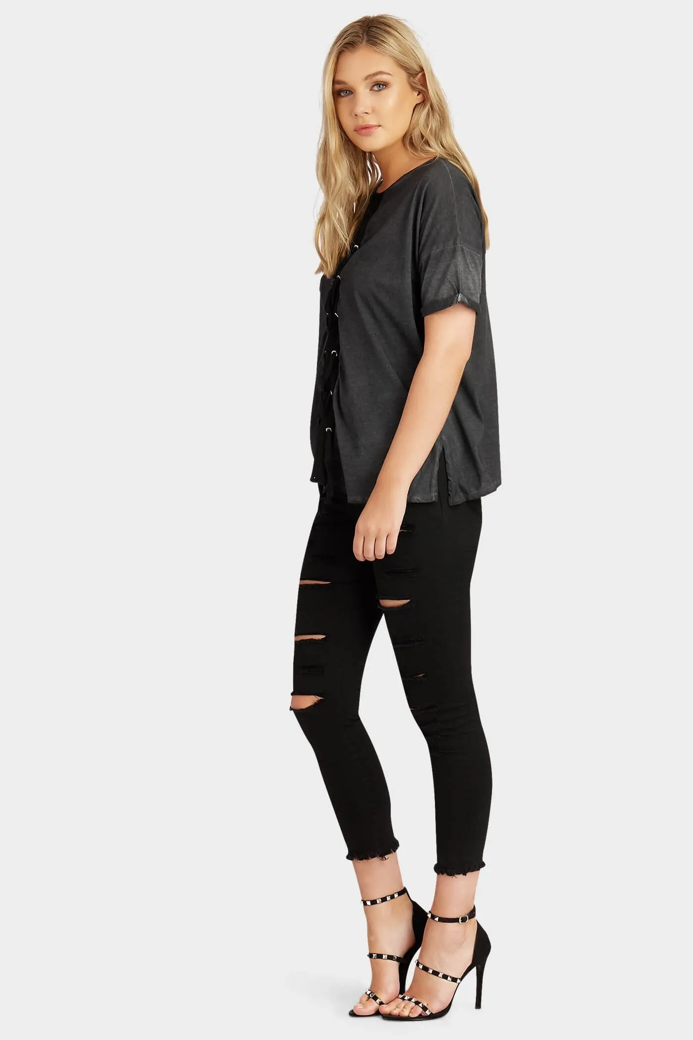 Black Lace Up Washed Tee