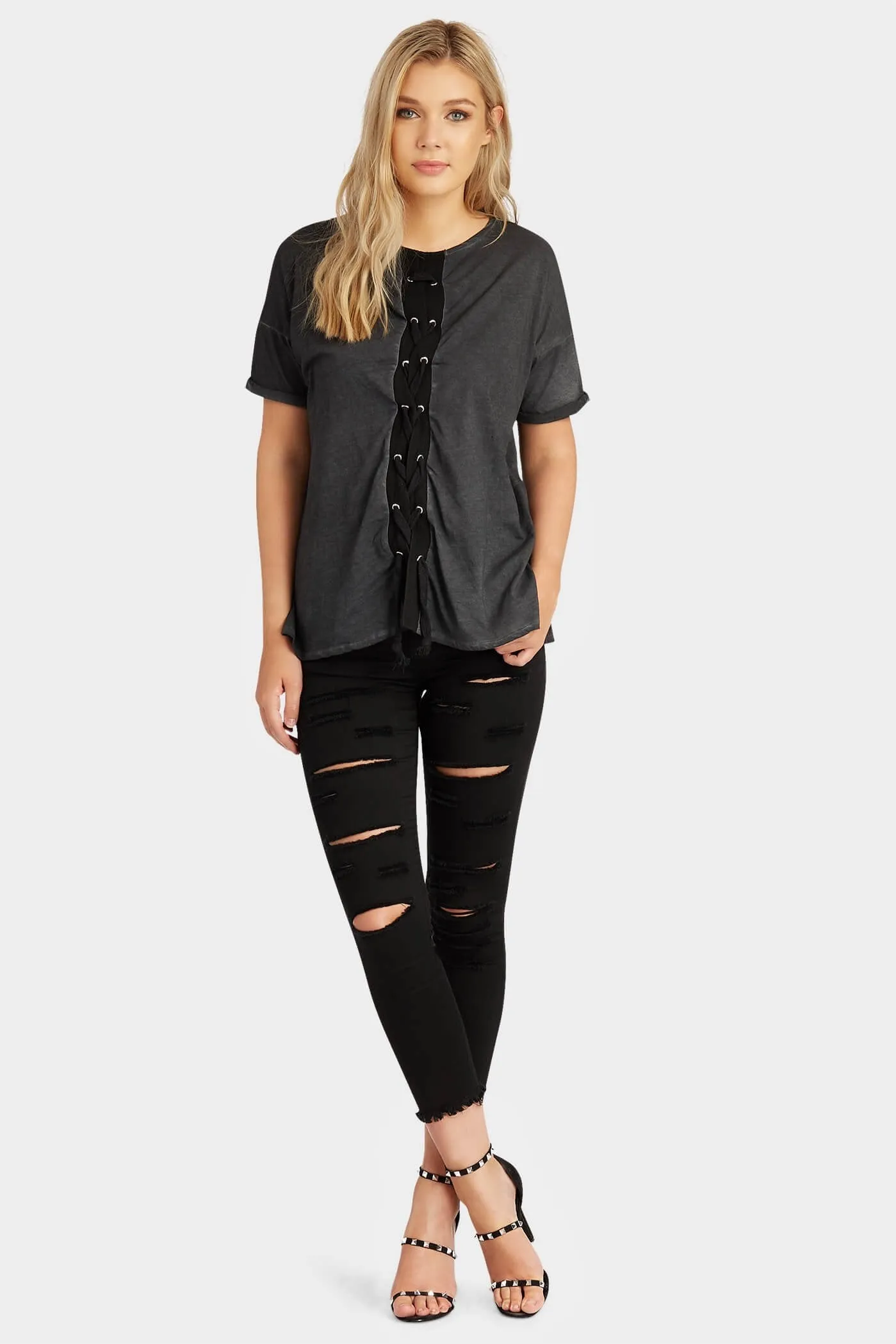 Black Lace Up Washed Tee