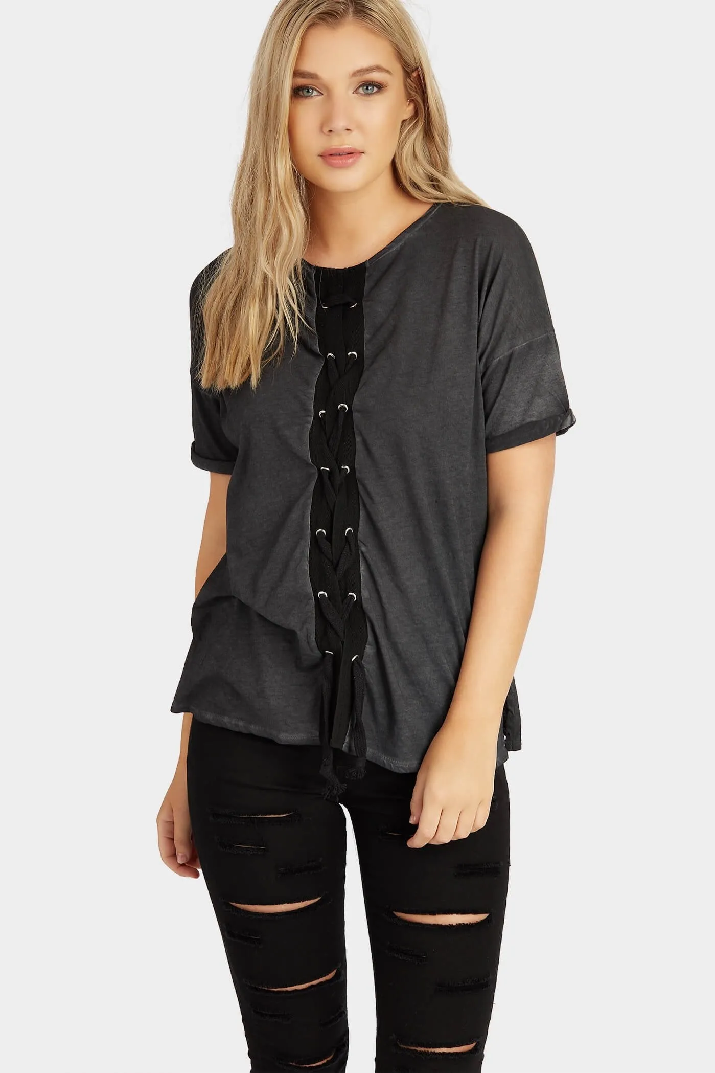 Black Lace Up Washed Tee