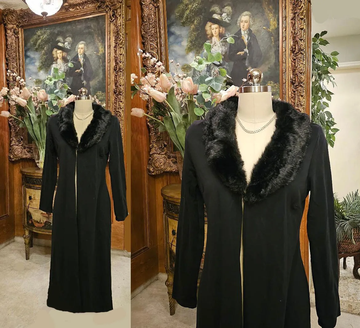 BLACK LIGHTWEIGHT DUSTER COAT FOR IN BETWEEN SEASONS WITH A FAUX FUR COLLAR