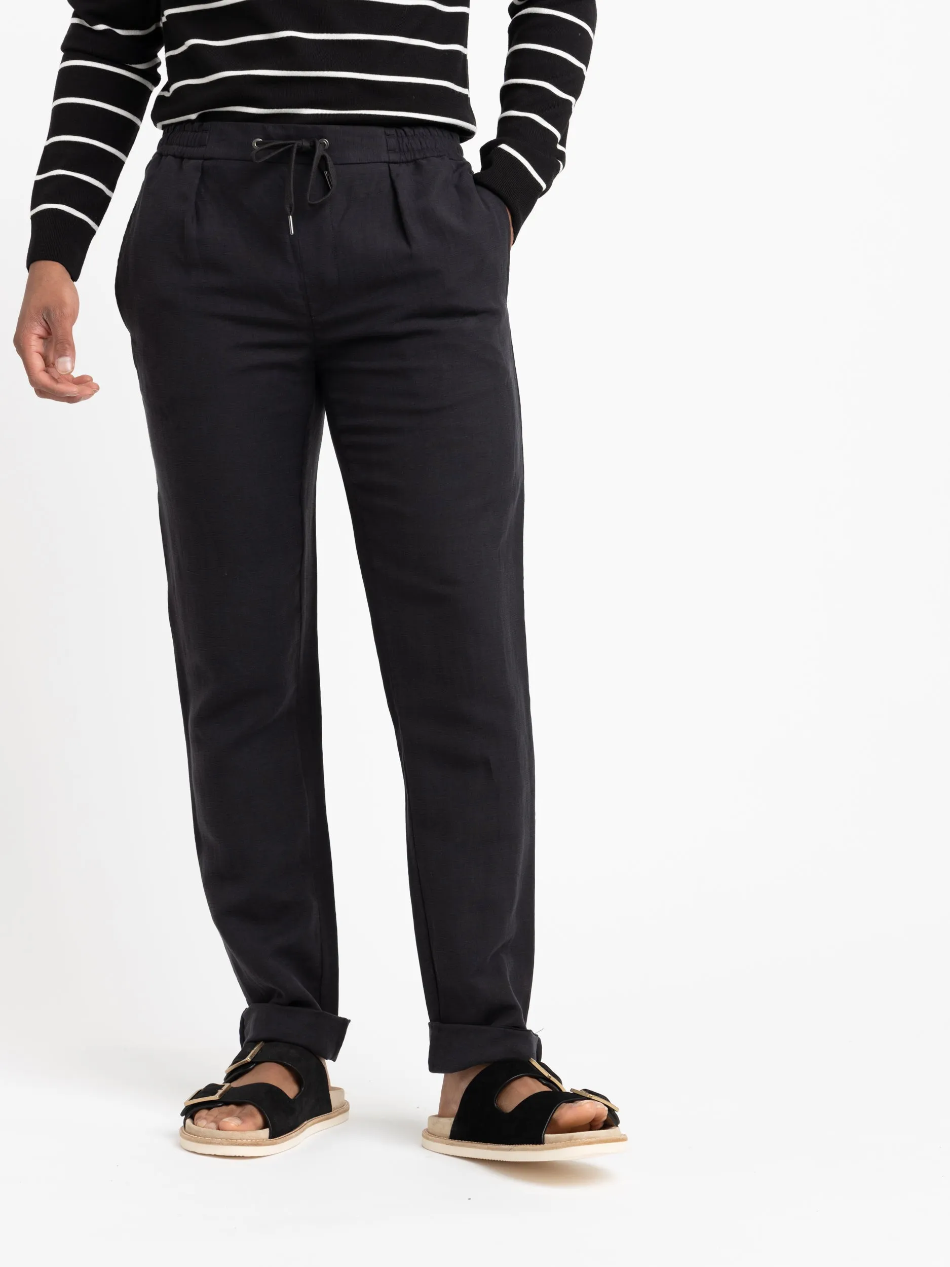 Black Silk-Linen Drawstring Trousers