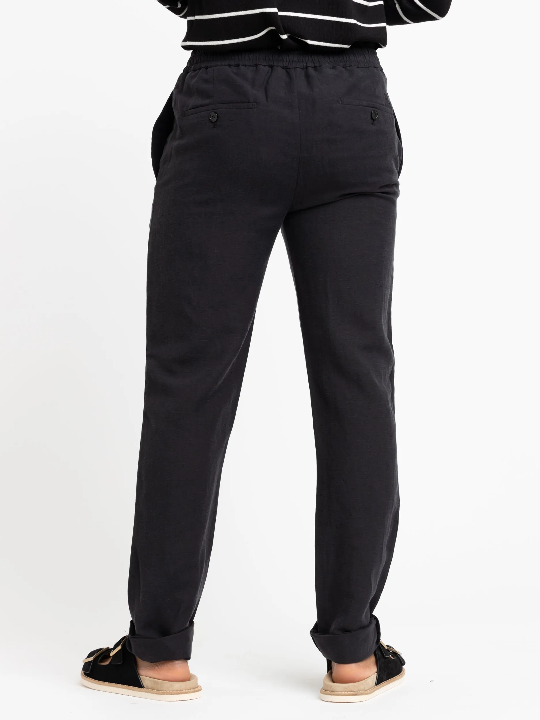 Black Silk-Linen Drawstring Trousers