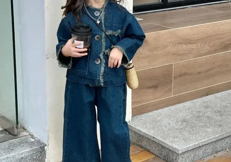 Blue Denim Distressed Jacket and Wide Leg Jeans Co-ord for Girls