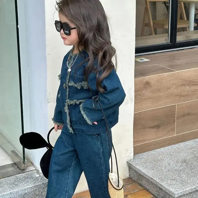 Blue Denim Distressed Jacket and Wide Leg Jeans Co-ord for Girls