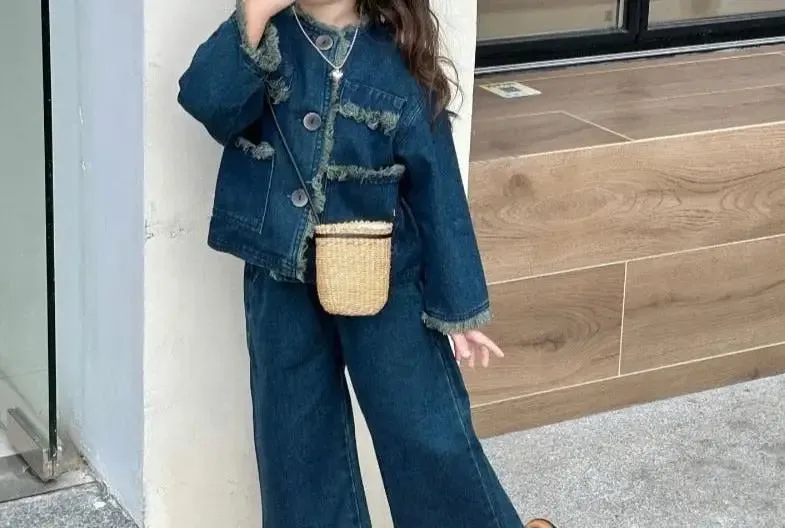 Blue Denim Distressed Jacket and Wide Leg Jeans Co-ord for Girls