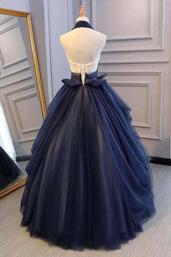 Blue Tulle Lace Ball Gown Deep V-neck Backless Prom Dresses, Evening Dress, SP765