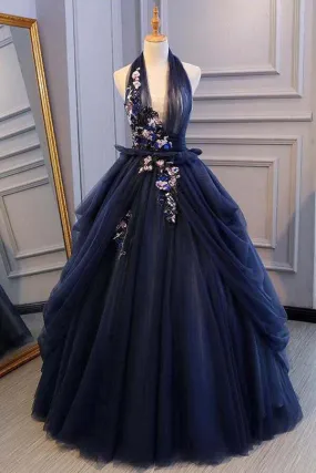 Blue Tulle Lace Ball Gown Deep V-neck Backless Prom Dresses, Evening Dress, SP765