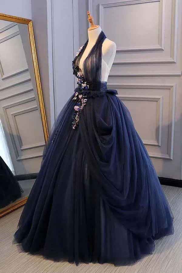 Blue Tulle Lace Ball Gown Deep V-neck Backless Prom Dresses, Evening Dress, SP765