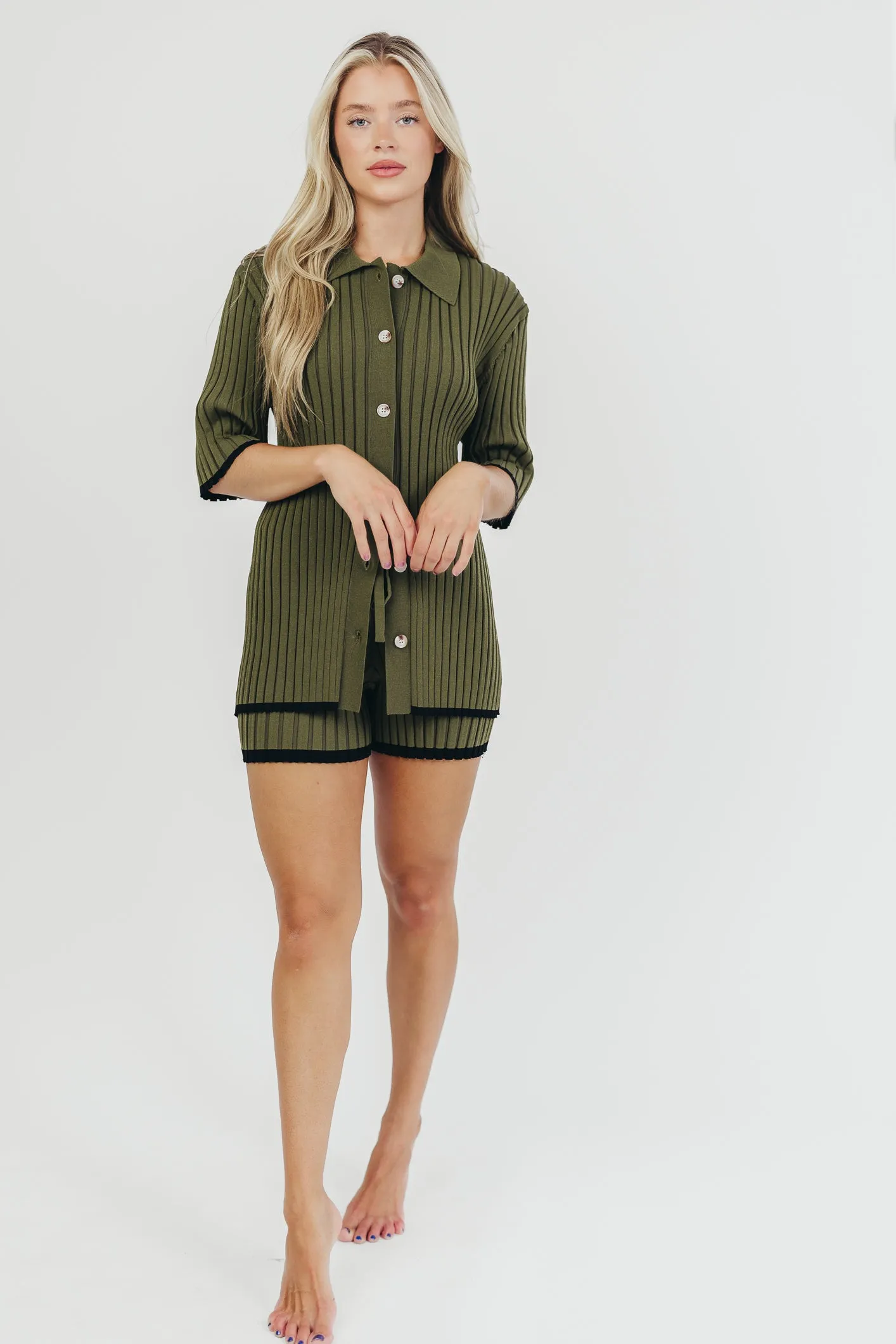 Brooke Ribbed Knit Top and Short Set in Green - Nursing Friendly