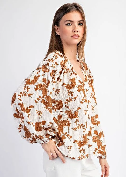 Brown Floral Crinkle Blouse