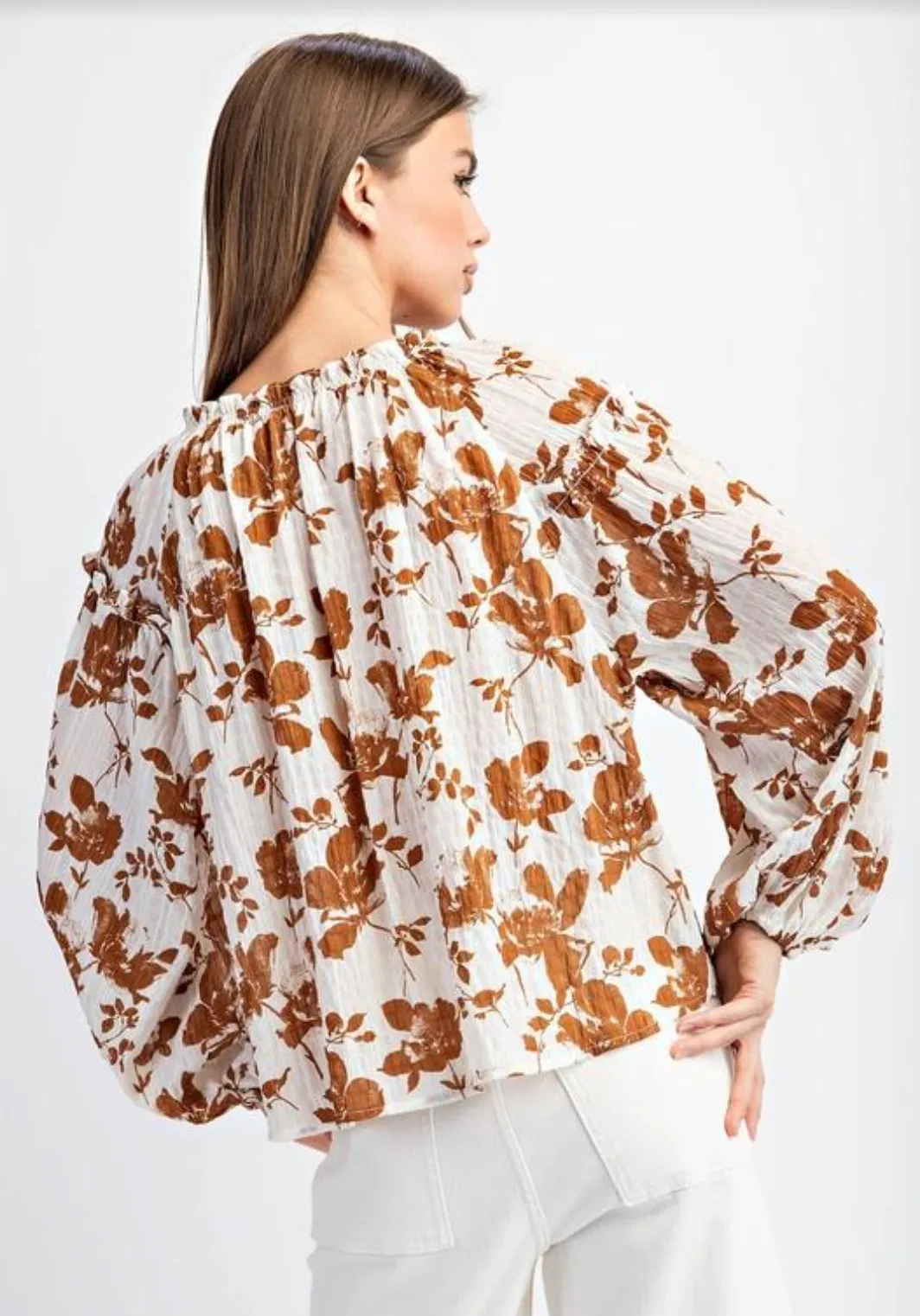 Brown Floral Crinkle Blouse