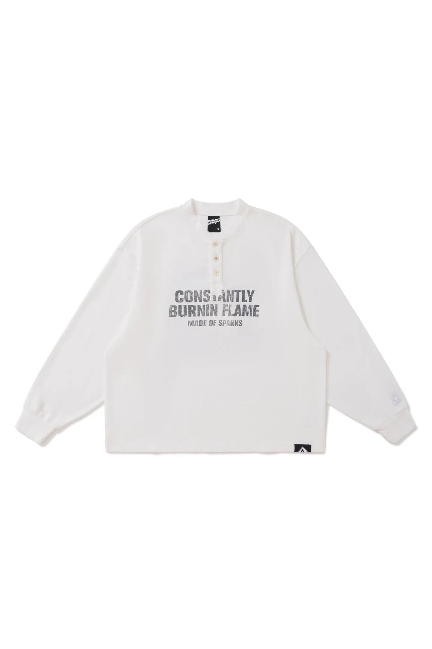 BURNIN*97'Series Worn Slogan Waffle Henley Collar Long Sleeve T-shirt