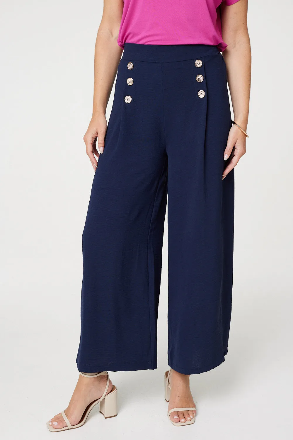 Button Detail Wide Leg Trousers