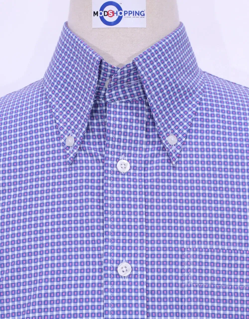 Button Down Shirt - Blue And Pink Small Check Shirt