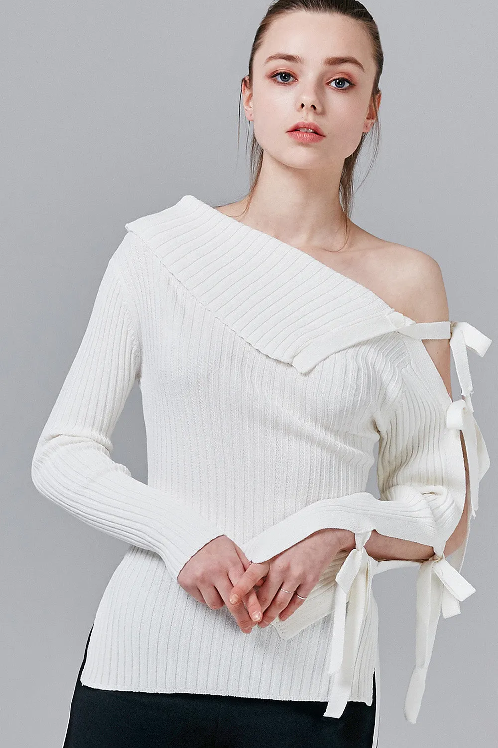 Camilla Ribbed Knit Top with Tie Sleeve