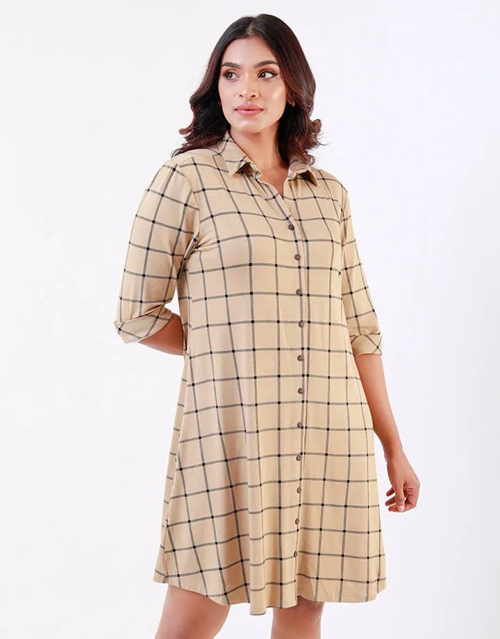 Check Shirt Dress with ¾ Sleeves