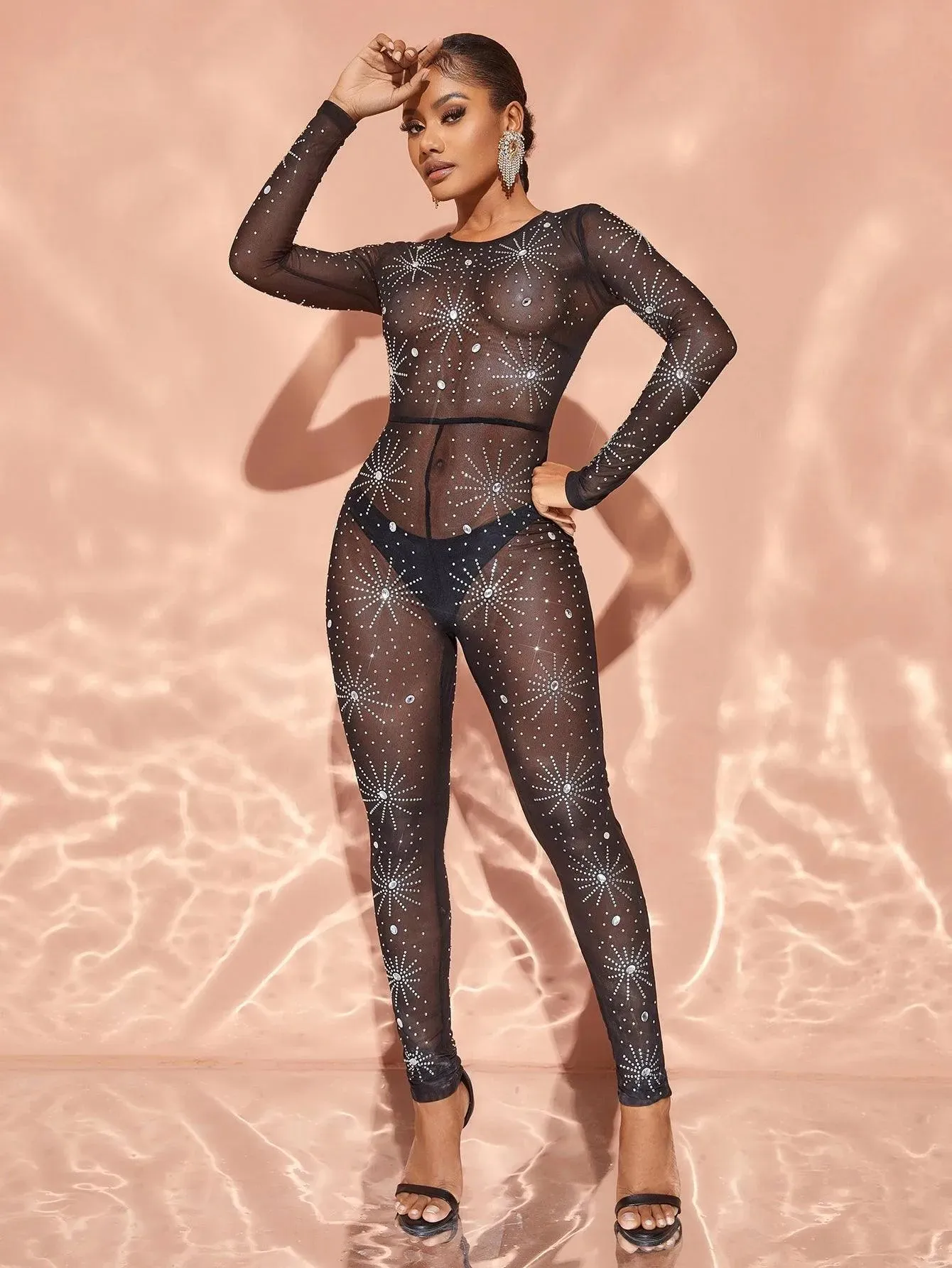 Chic Rhinestone Detail Long Sleeves Jumpsuit