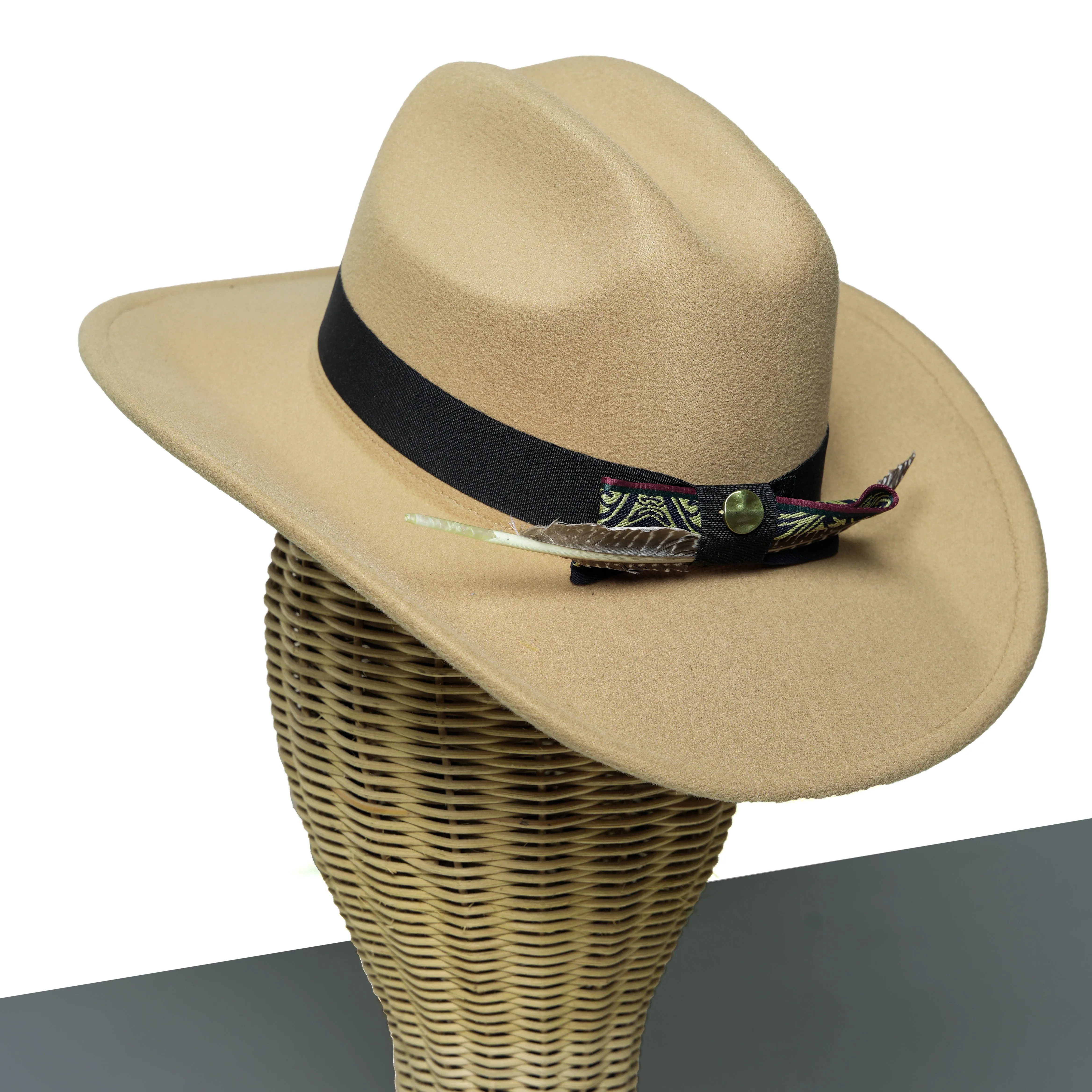 Chokore Cattleman Cowboy Hat with Feather Ribbon (Camel)