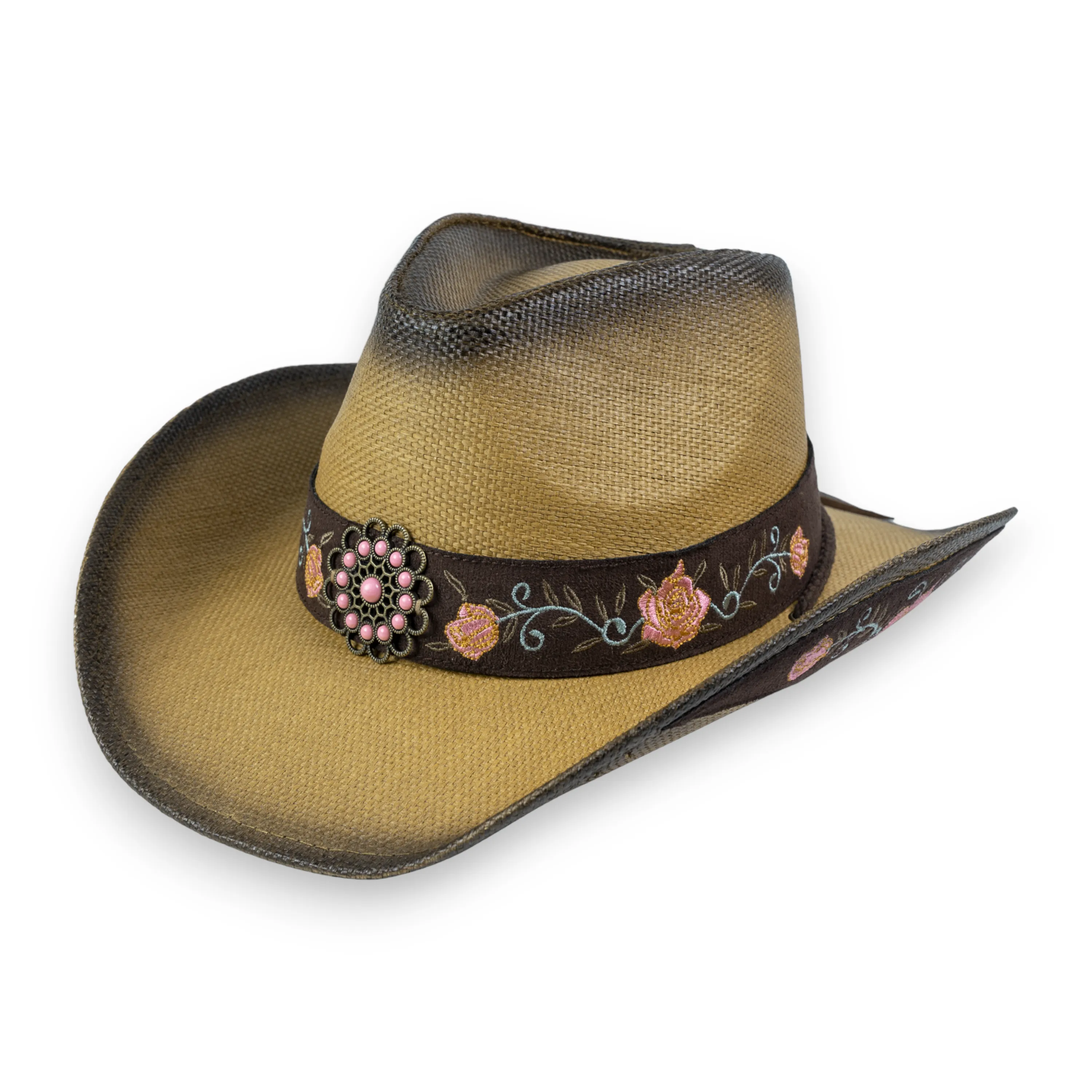 Chokore Embroidered Straw Cowboy Hat with Windproof Rope (Khaki)