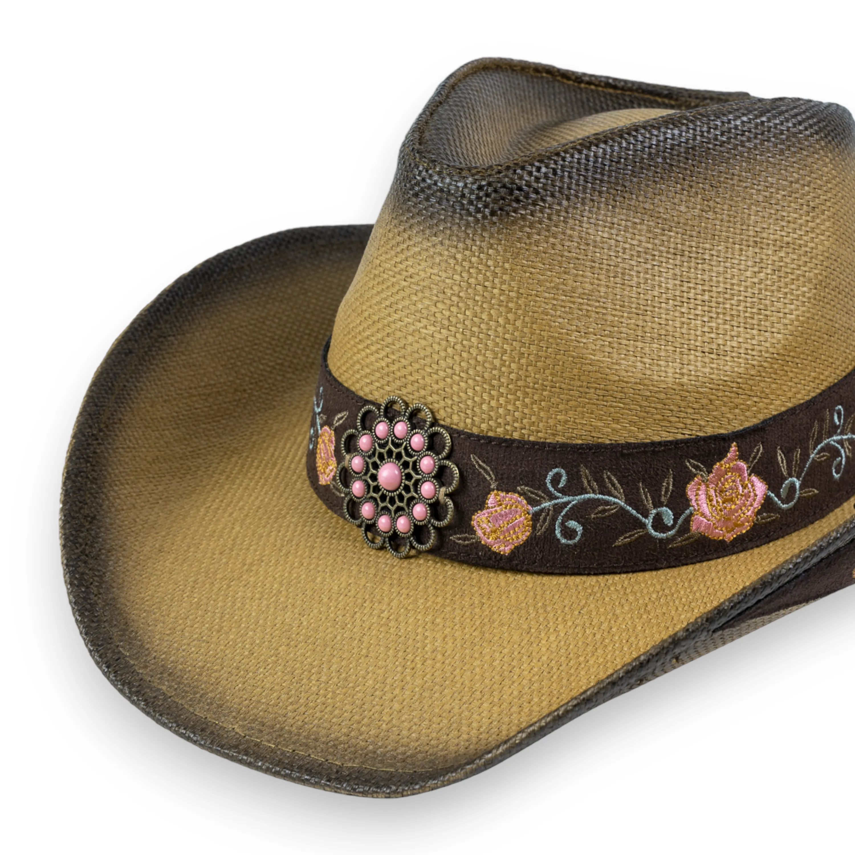 Chokore Embroidered Straw Cowboy Hat with Windproof Rope (Khaki)