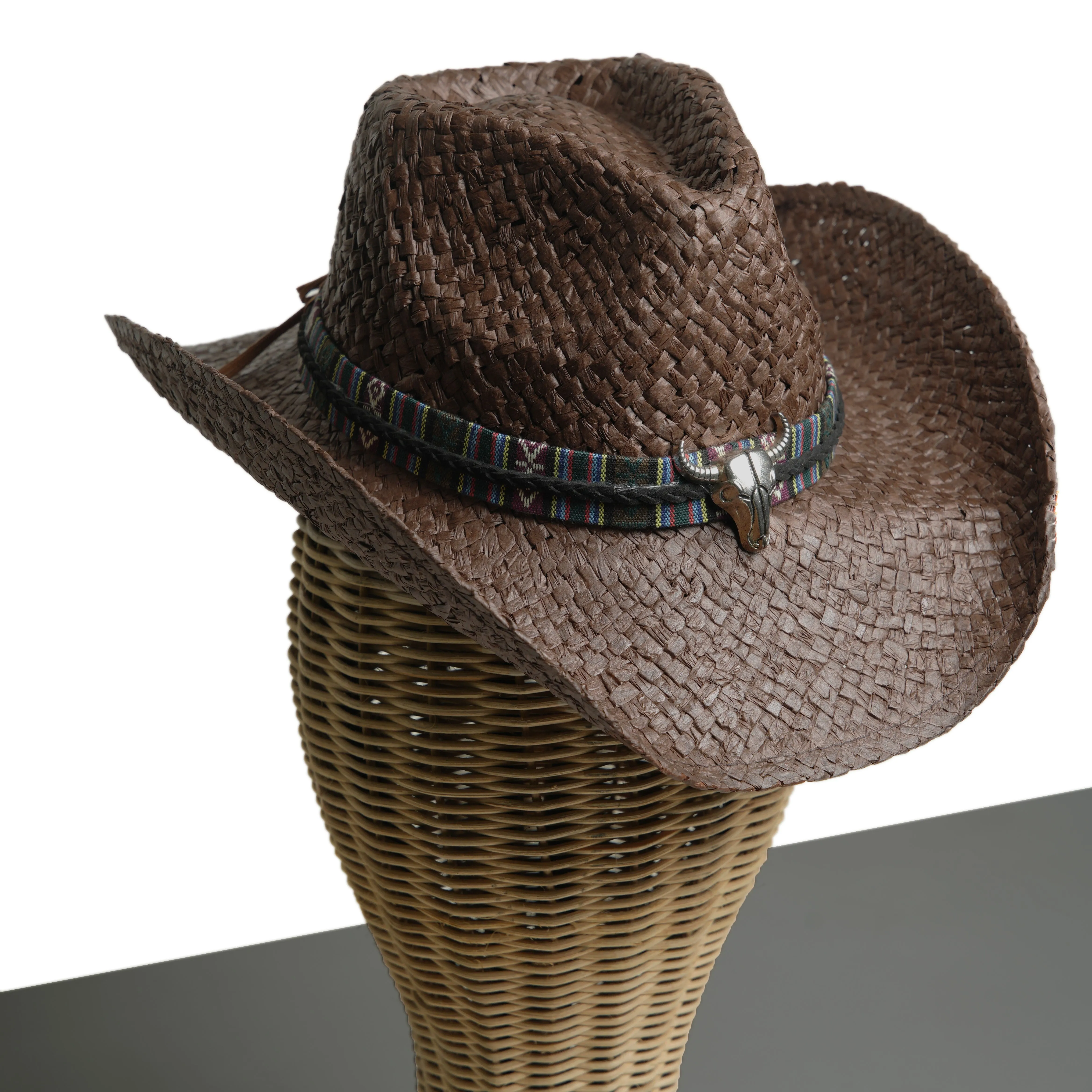 Chokore Handcrafted Straw Cowboy Hat with Ox head Belt (Brown)