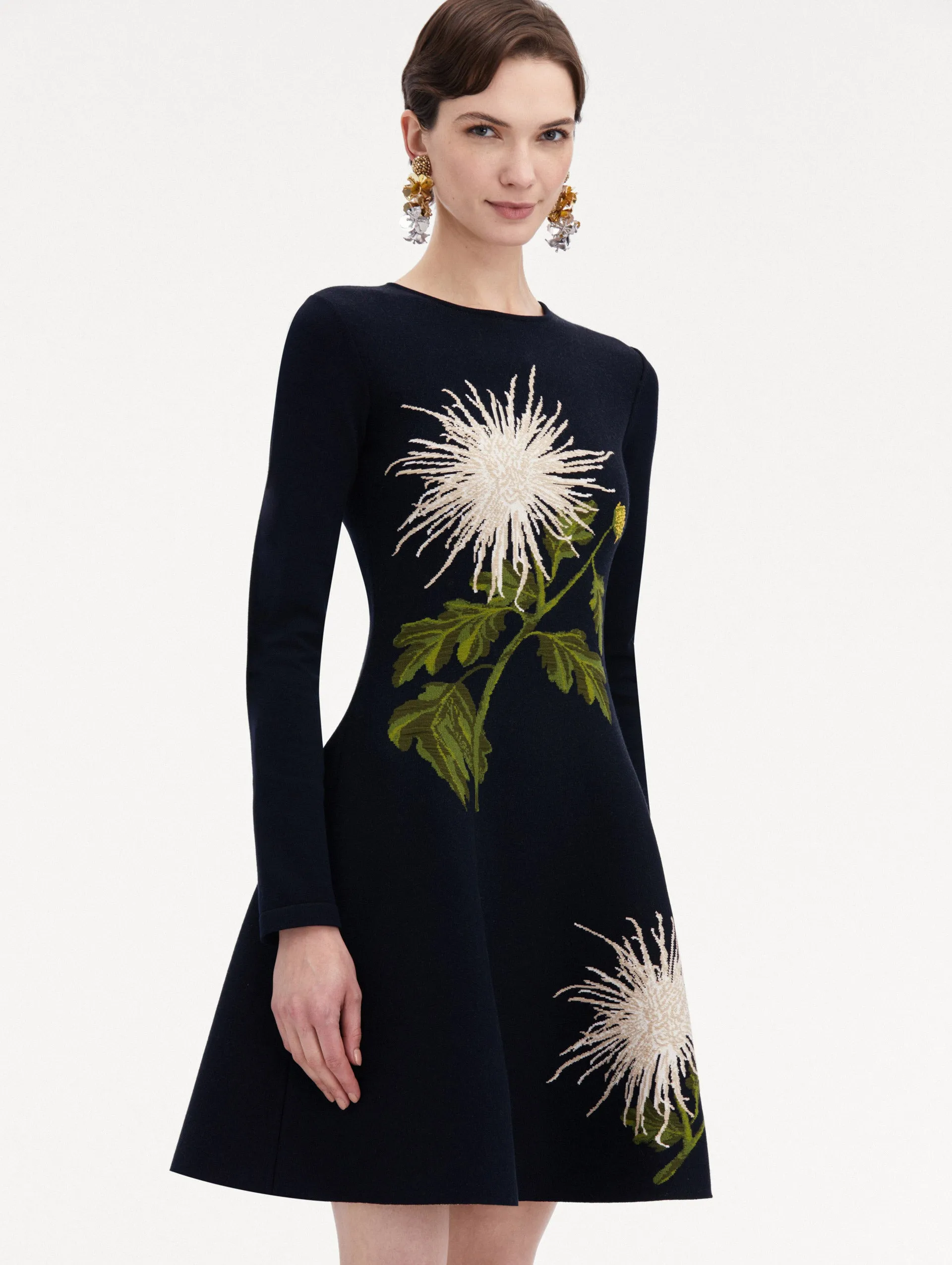 Chrysanthemum Jacquard Long Sleeve Dress