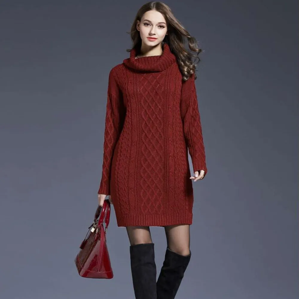 Chunky Cowl Neck Drop Shoulder Fisherman Cable Knit Mini Sweater Dress