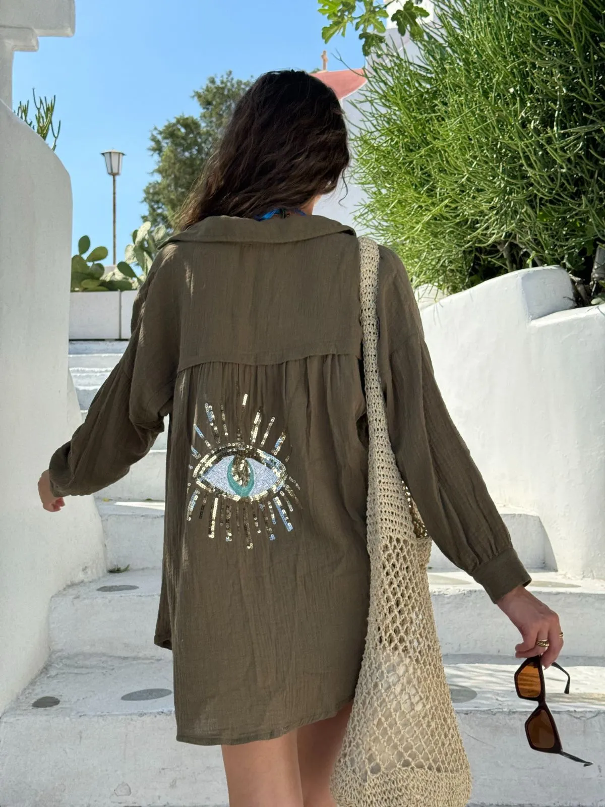 Cleo Eye Sequin Back Beach Shirt / Khaki