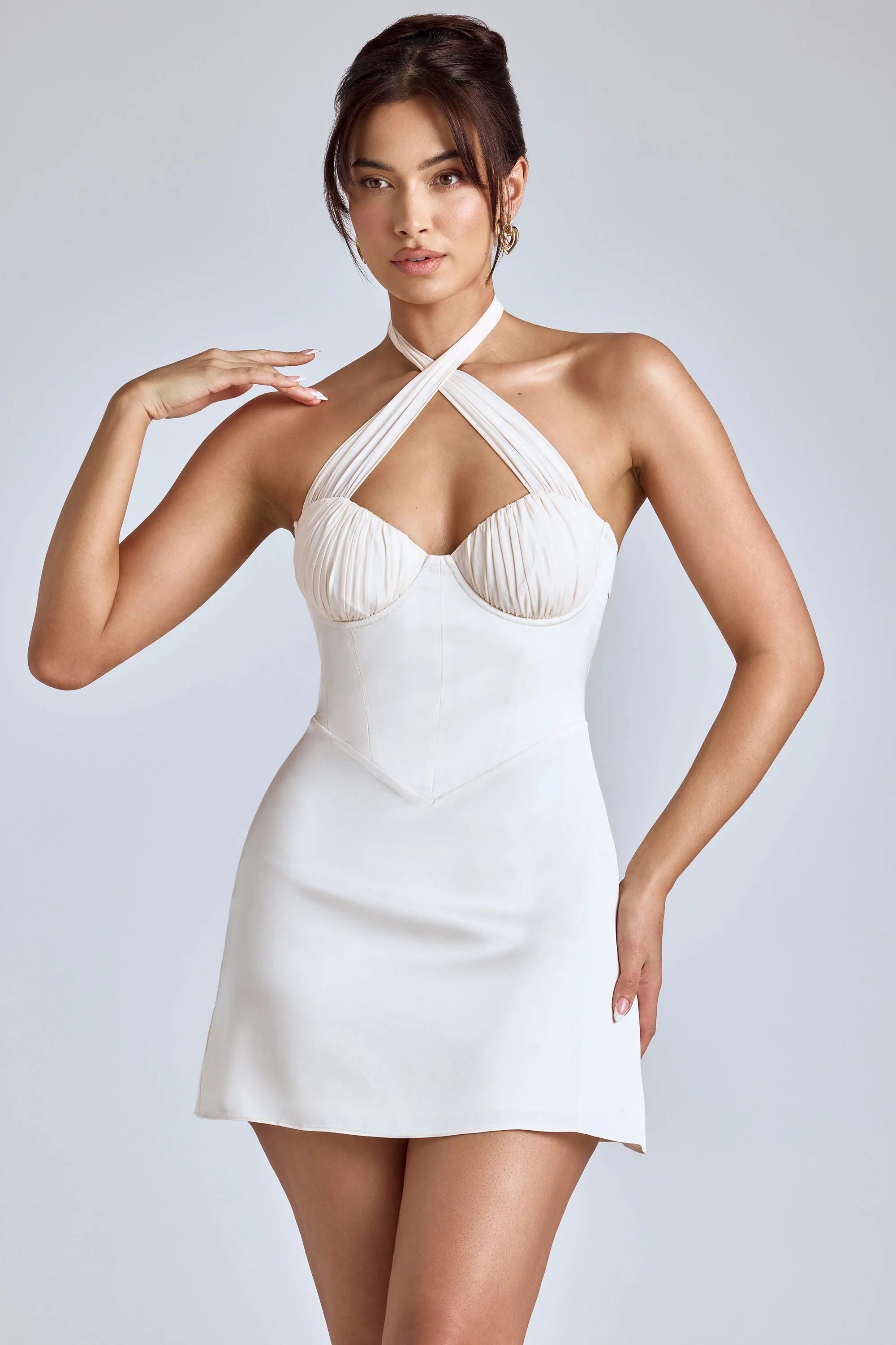 Cross-Neck A-Line Mini Dress in Ivory