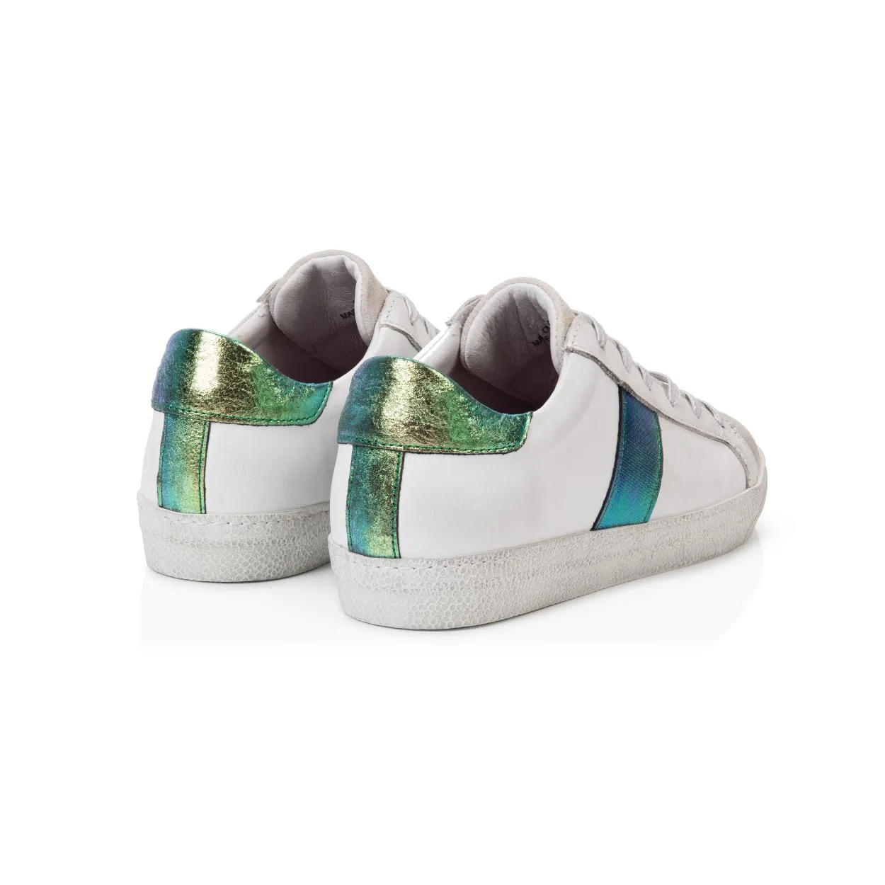 Cru: Vintage White & Green Multi Metallic Trainers