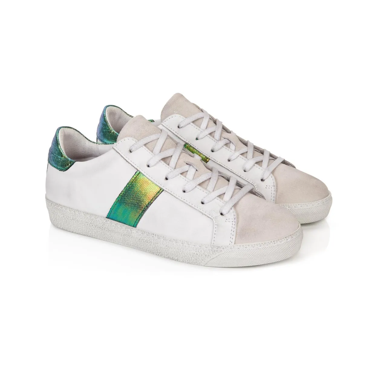 Cru: Vintage White & Green Multi Metallic Trainers