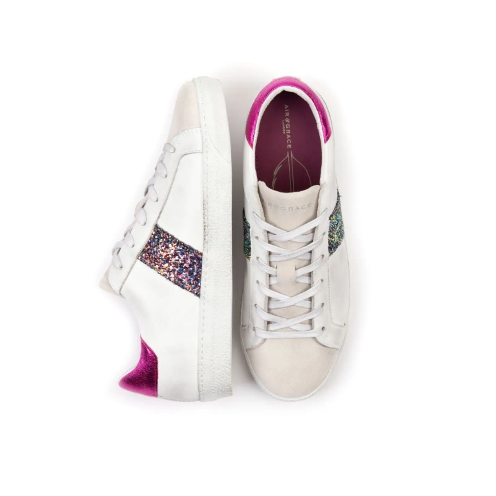 Cru: Vintage White & Pink Glitter Trainers