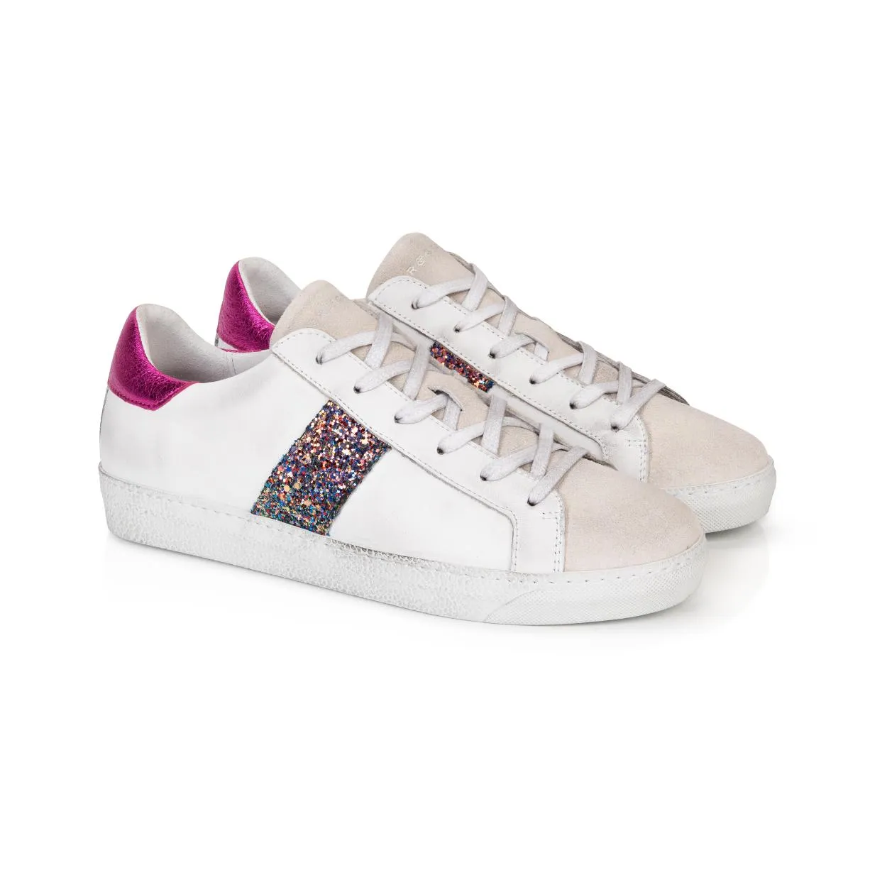 Cru: Vintage White & Pink Glitter Trainers