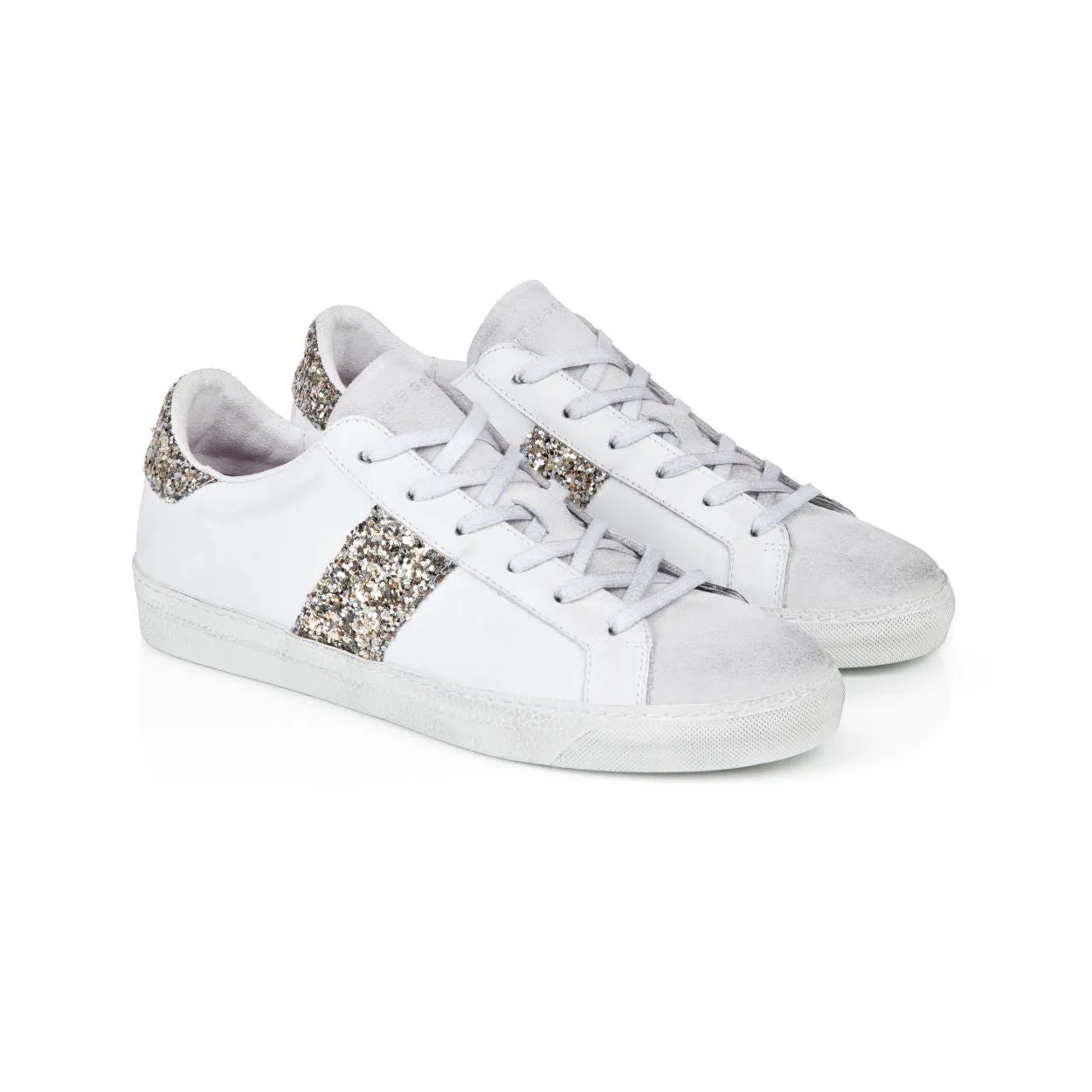 Cru: Vintage White & Silver Glitter Trainers