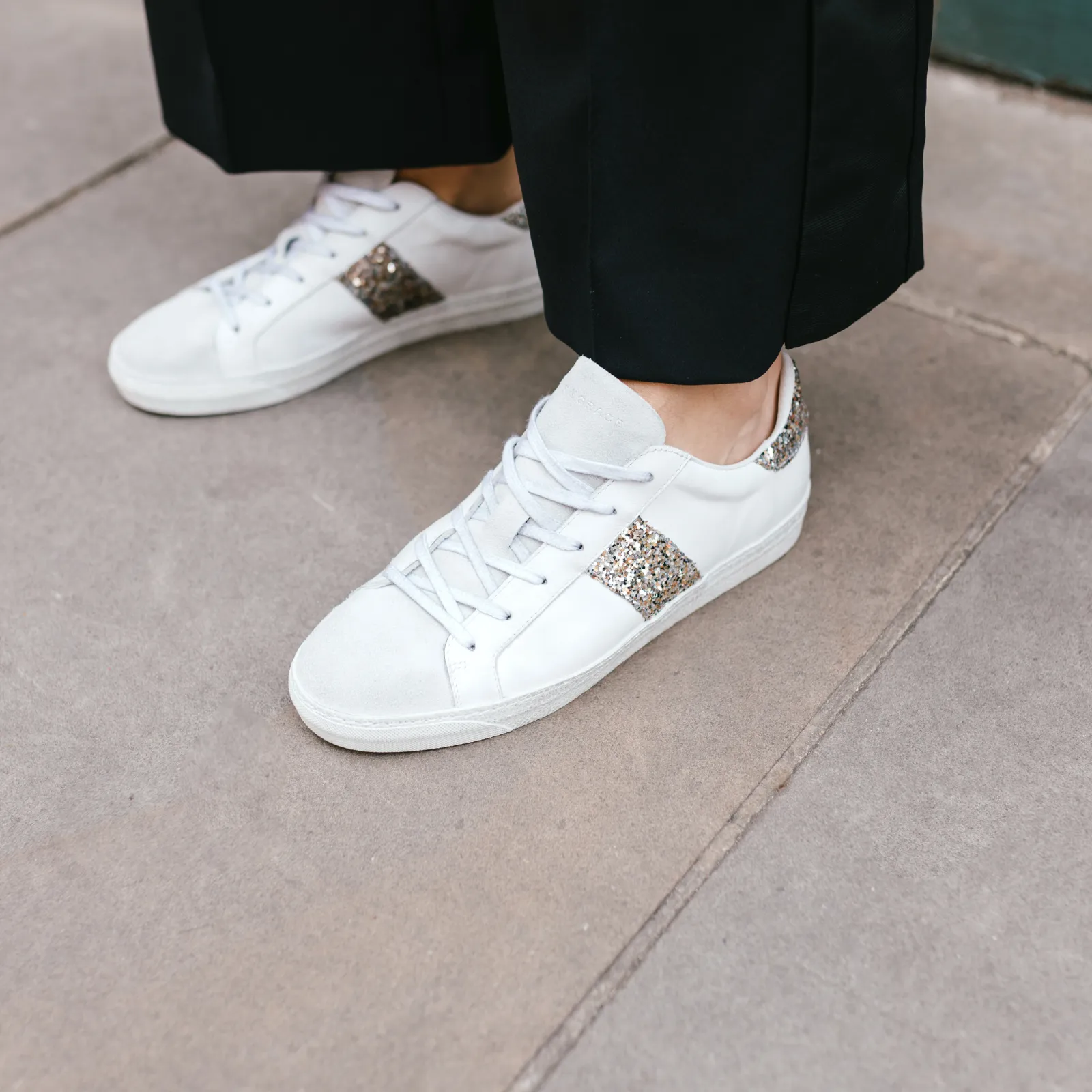 Cru: Vintage White & Silver Glitter Trainers