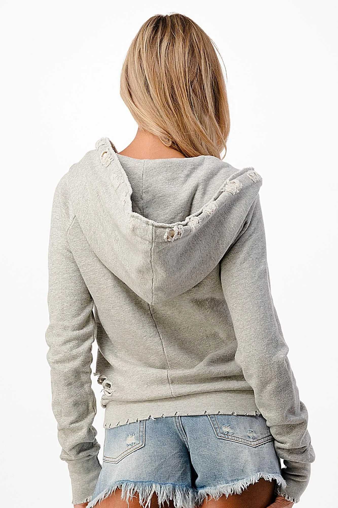 Dance & Marvel Knit Distressed Zip Up Front Hoodie - Grey