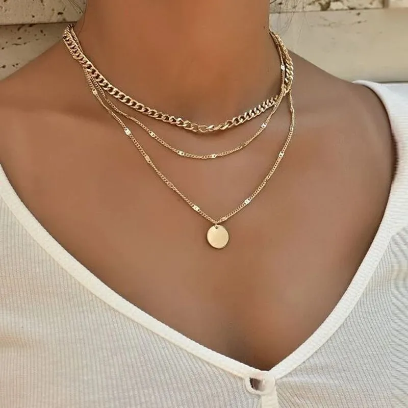 Detachable Chunky Chain Link Choker Multi Layered Disco Coin Minimalist Necklace Set