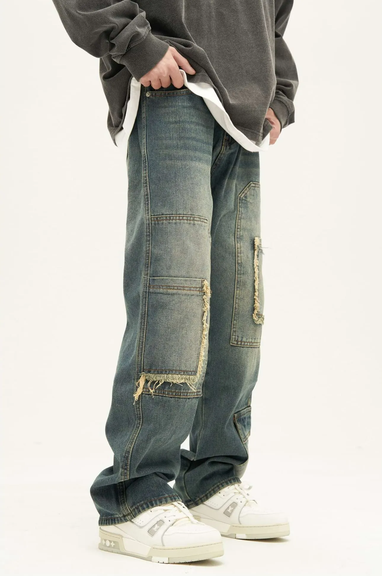 Distressed Patchwork Pocket Jeans