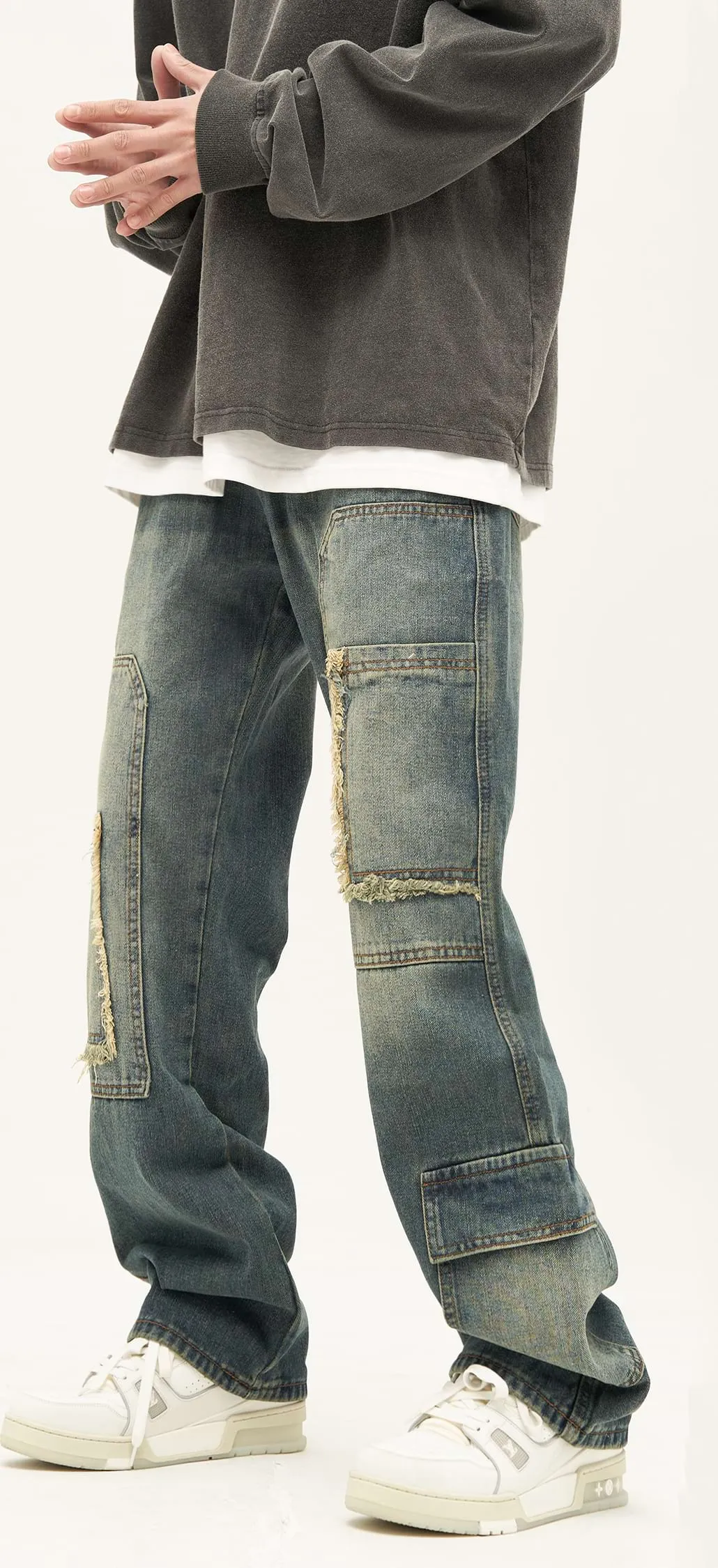 Distressed Patchwork Pocket Jeans