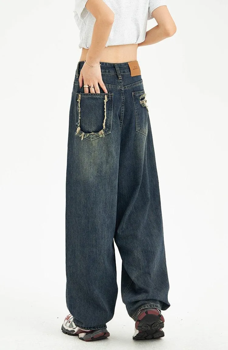 Distressed Pockets Wide Leg Baggy Jeans