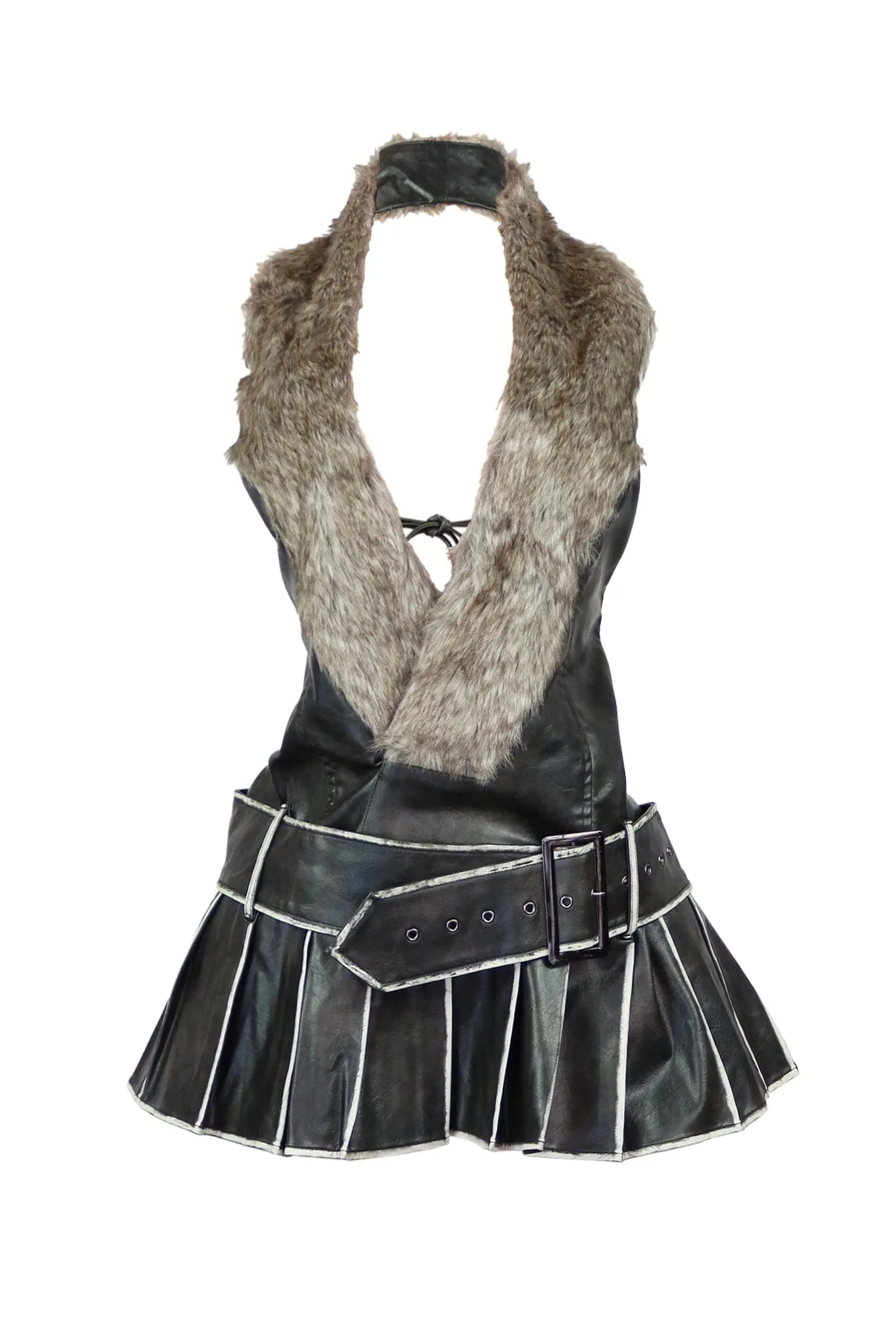 Elle Faux Leather Fur Halter Mini Dress