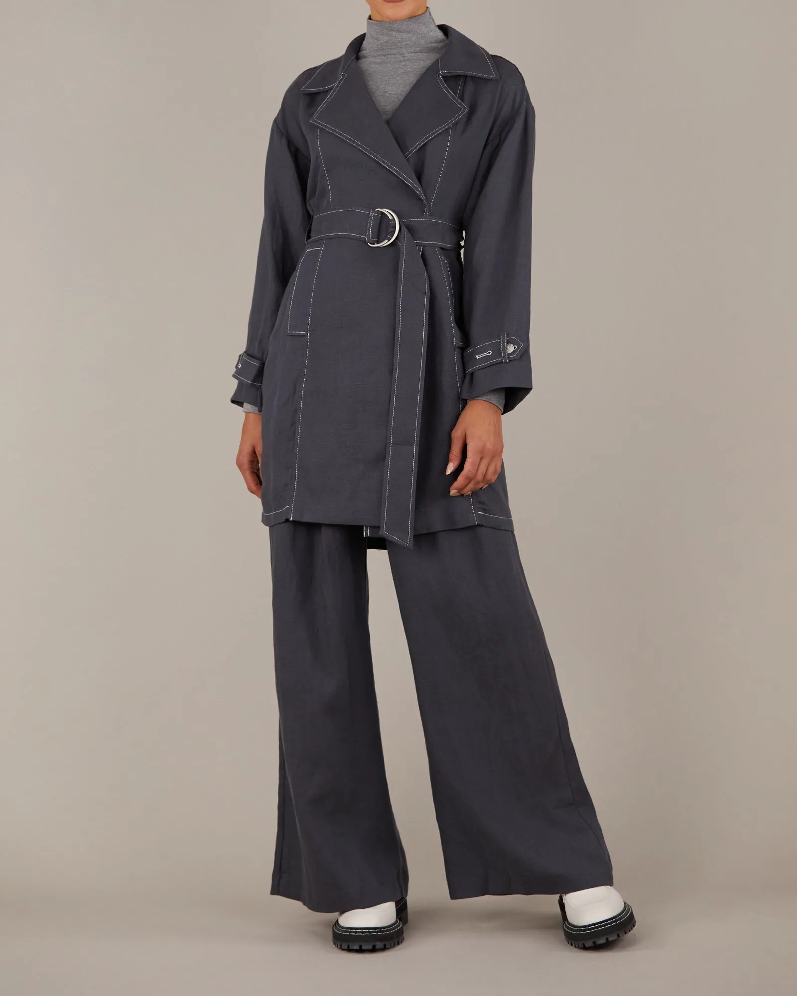 Elvie Linen Trench Jacket - Evening Blue