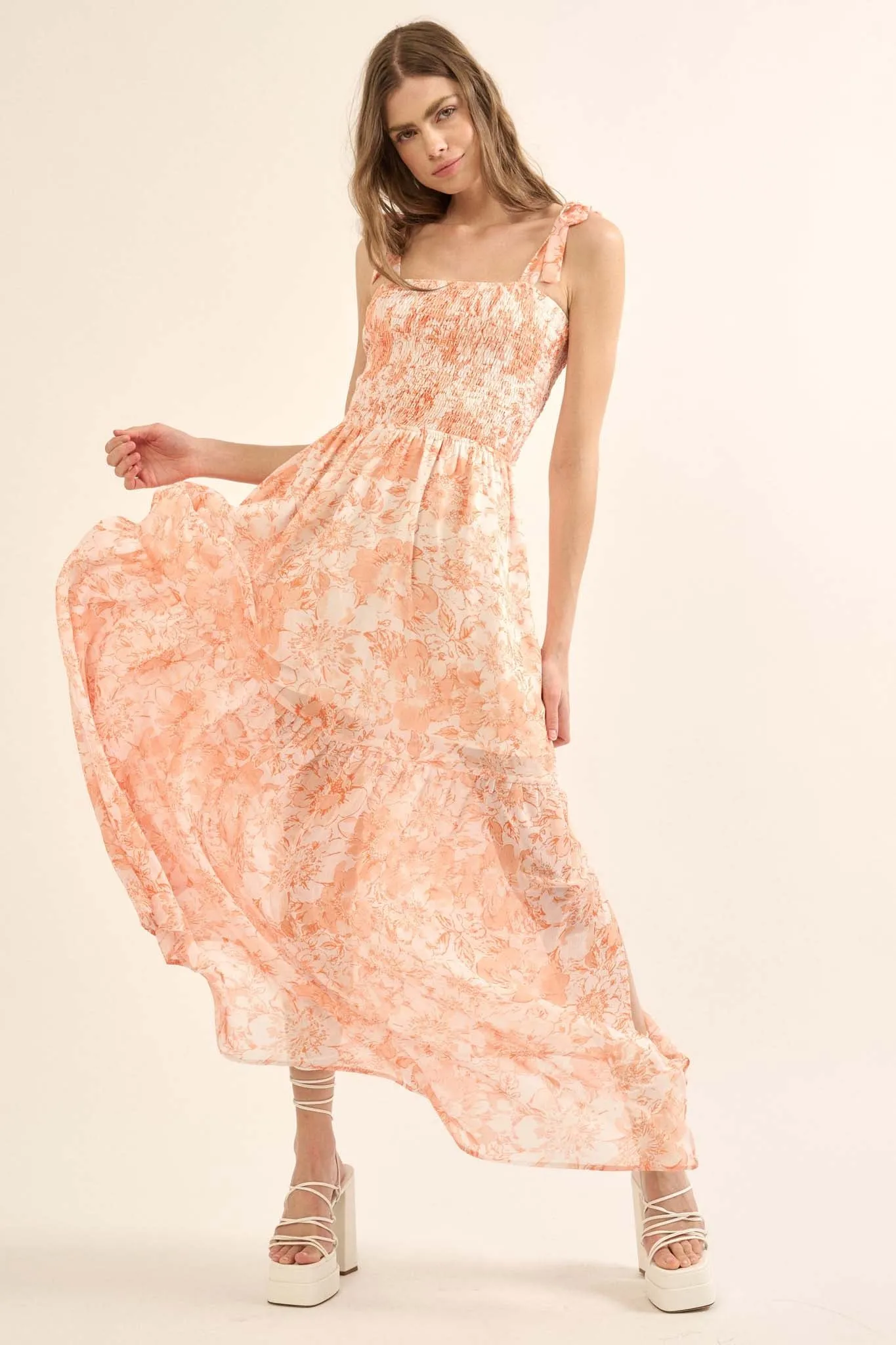 Ethereal Blooms Floral Chiffon Open-Back Maxi Dress