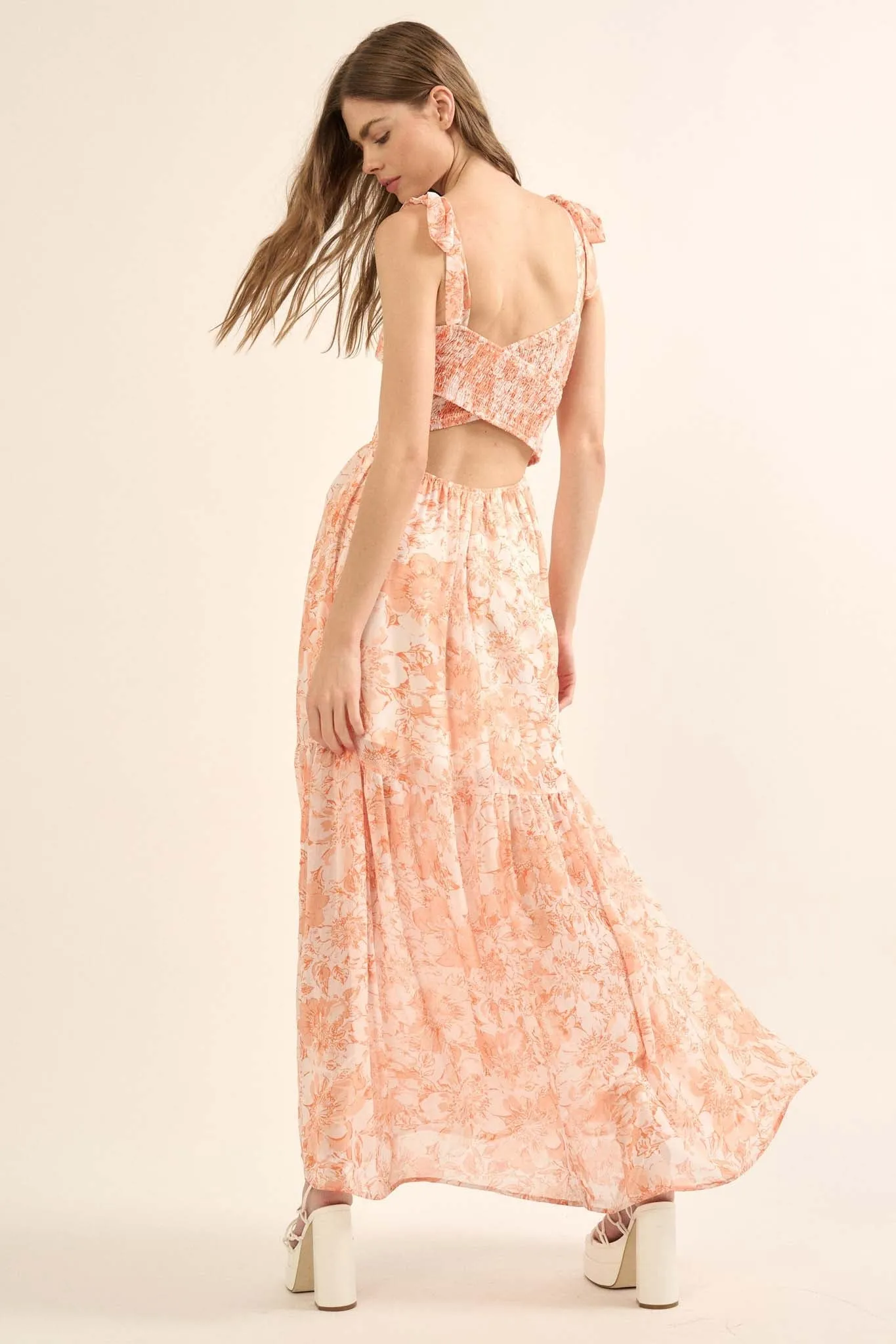 Ethereal Blooms Floral Chiffon Open-Back Maxi Dress