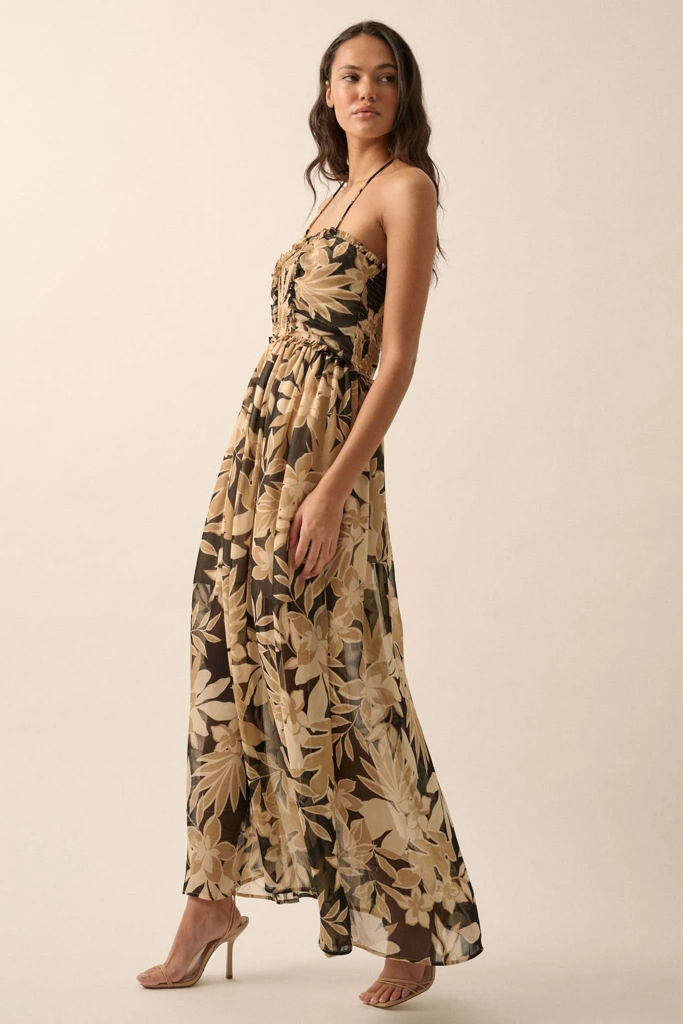 Exotic Beauty Floral Chiffon Halter Maxi Dress