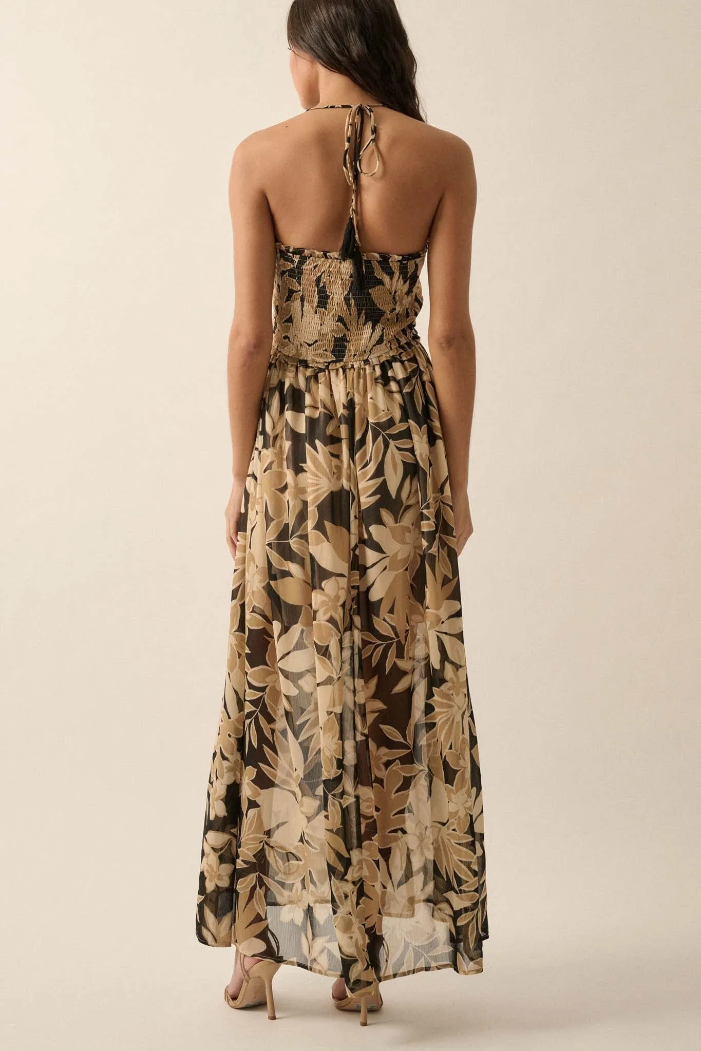 Exotic Beauty Floral Chiffon Halter Maxi Dress